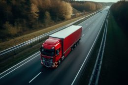 Red truck highway. Cargo car. Generate Ai