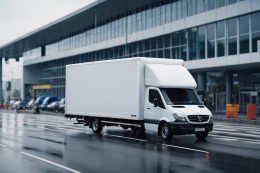 white-truck-driving-down-wet-street